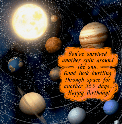 Original happy birthday gif with solar system on the background of congratulations.