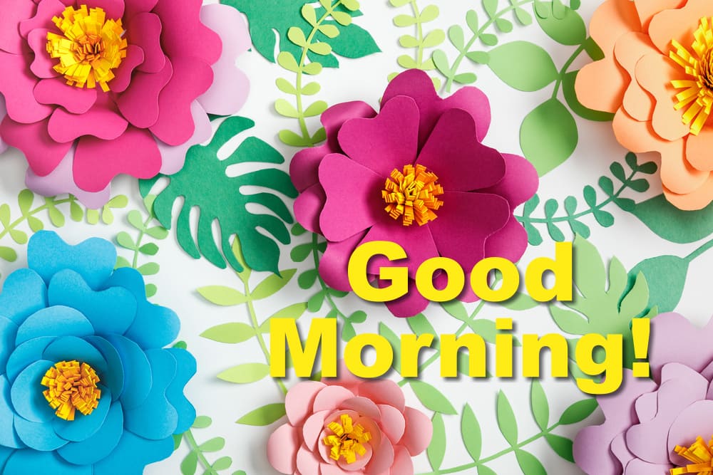 Decorative artwork. Top view of pink, purple, orange, blue paper flowers and green leaves on white background. Greeting "Good Morning".